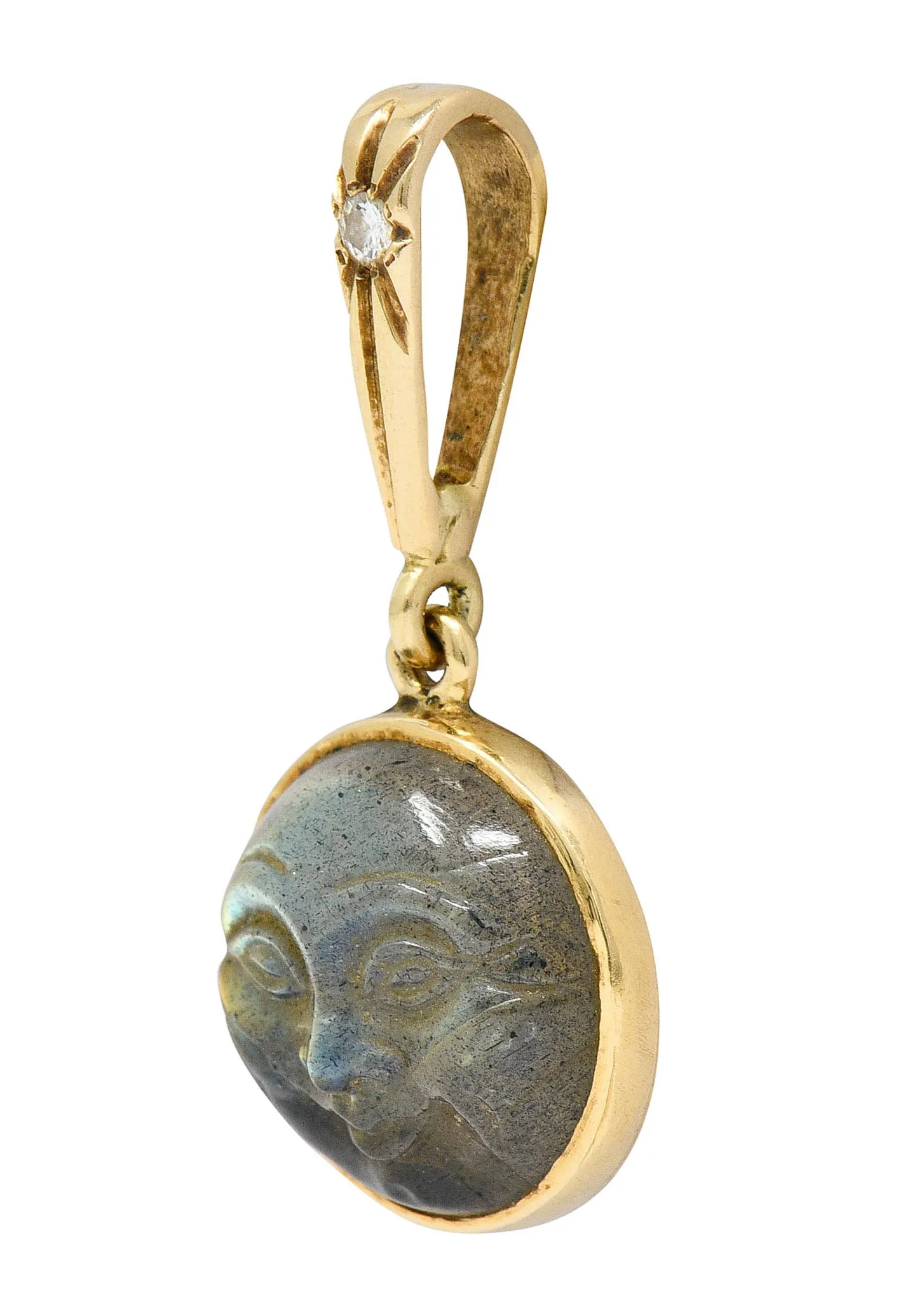 Art Nouveau Labradorite Diamond 14 Karat Gold Man-In-Moon Charm