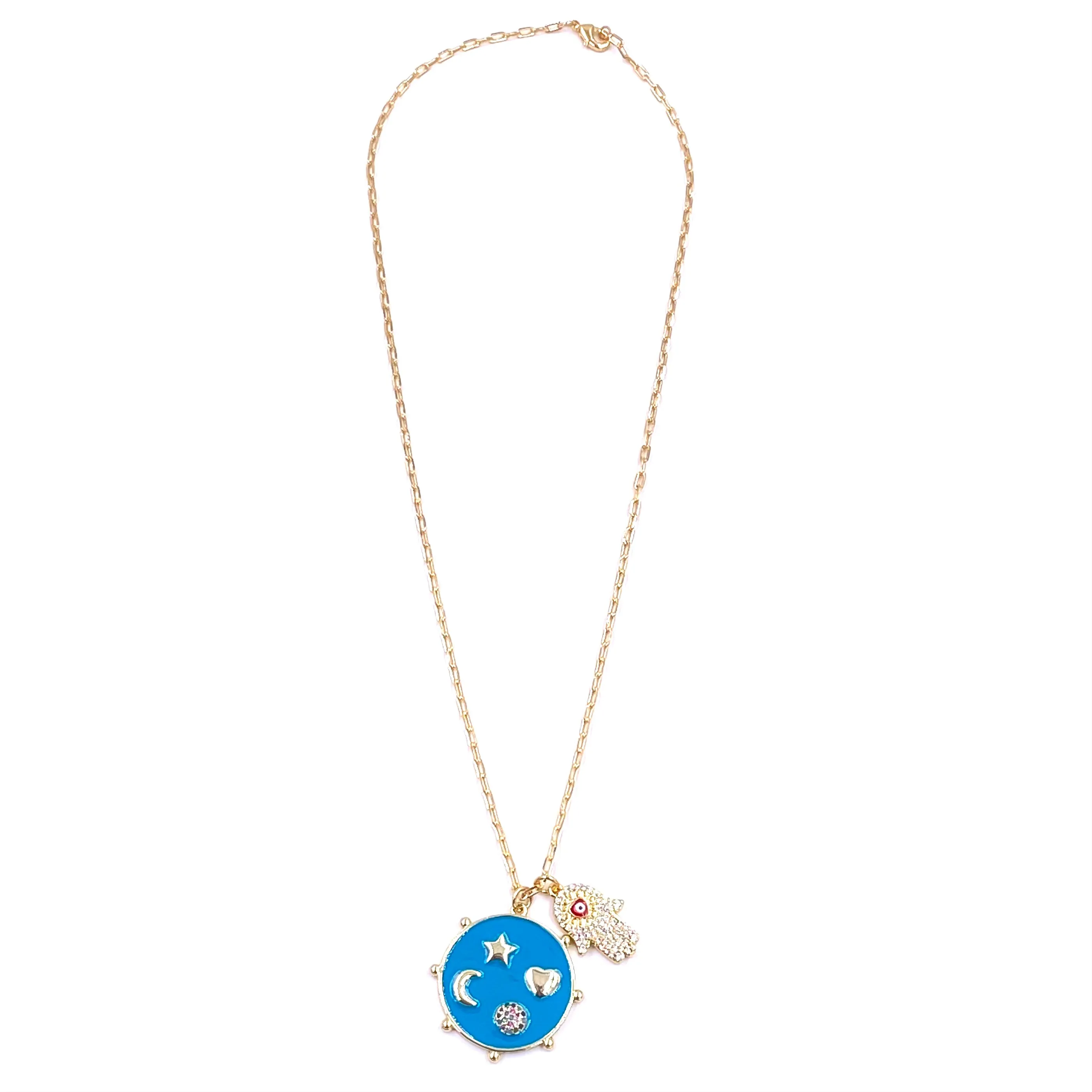 Ashley Gold Stainless Steel Gold Plated Blue Enamel Shape Pendant And CZ Hamsa Hand With Evil Eye Charm Necklace