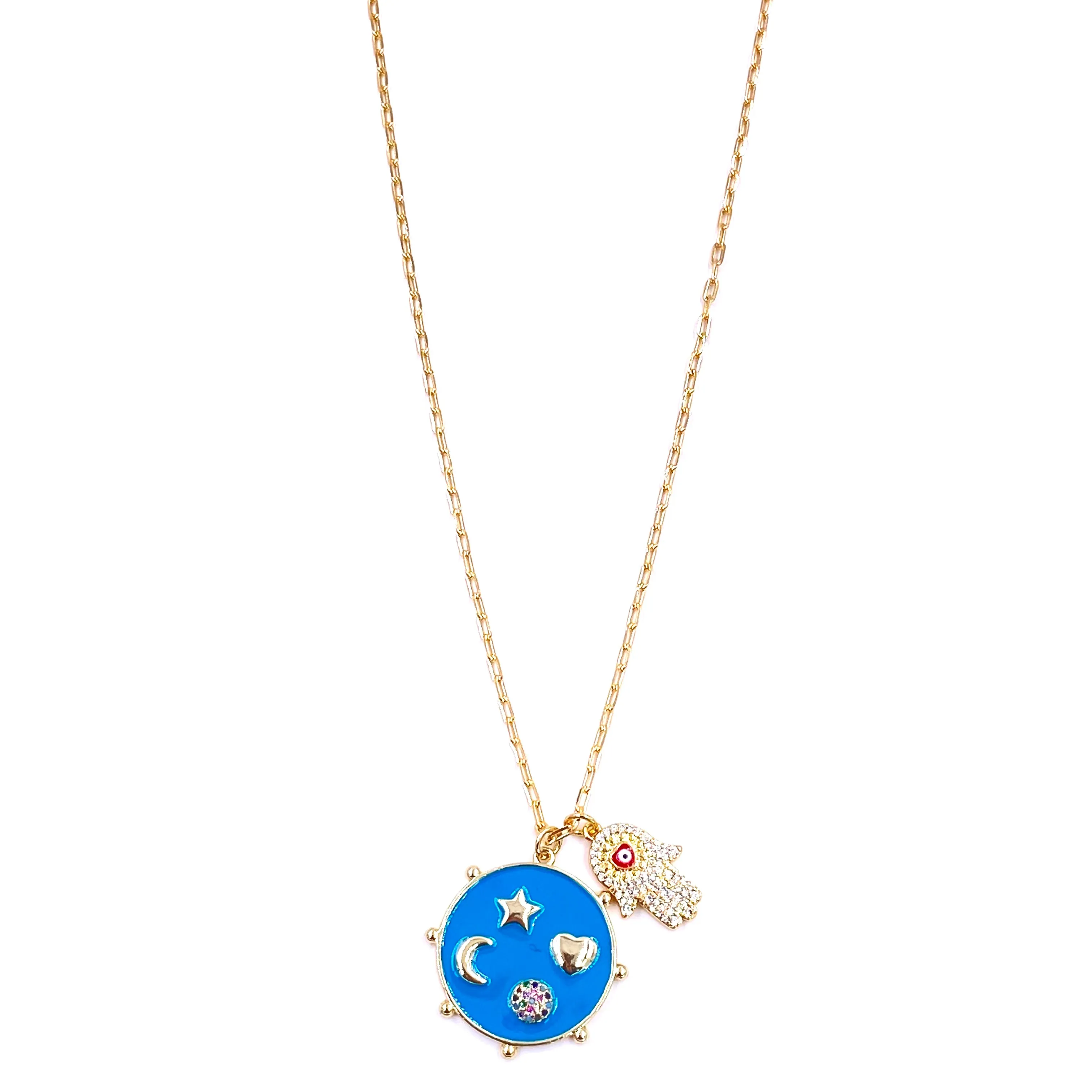 Ashley Gold Stainless Steel Gold Plated Blue Enamel Shape Pendant And CZ Hamsa Hand With Evil Eye Charm Necklace