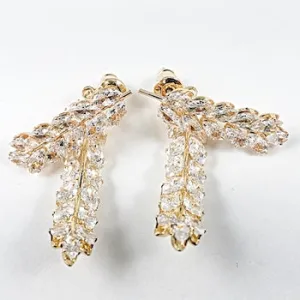 Beautiful Floral Design CZ Dangle Layered Gold Tone Stud Brass Earrings