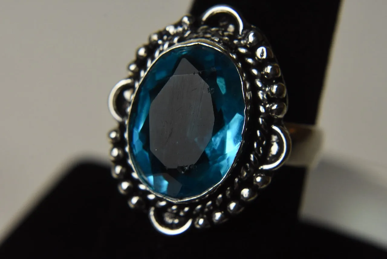 Blue Topaz Silver Tone Metal Ring - Size 7.5