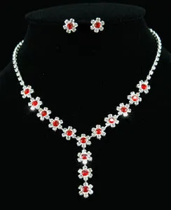 Bridal Wedding Party Dangle Red Flower Crystal Necklace Earrings Set XS1117