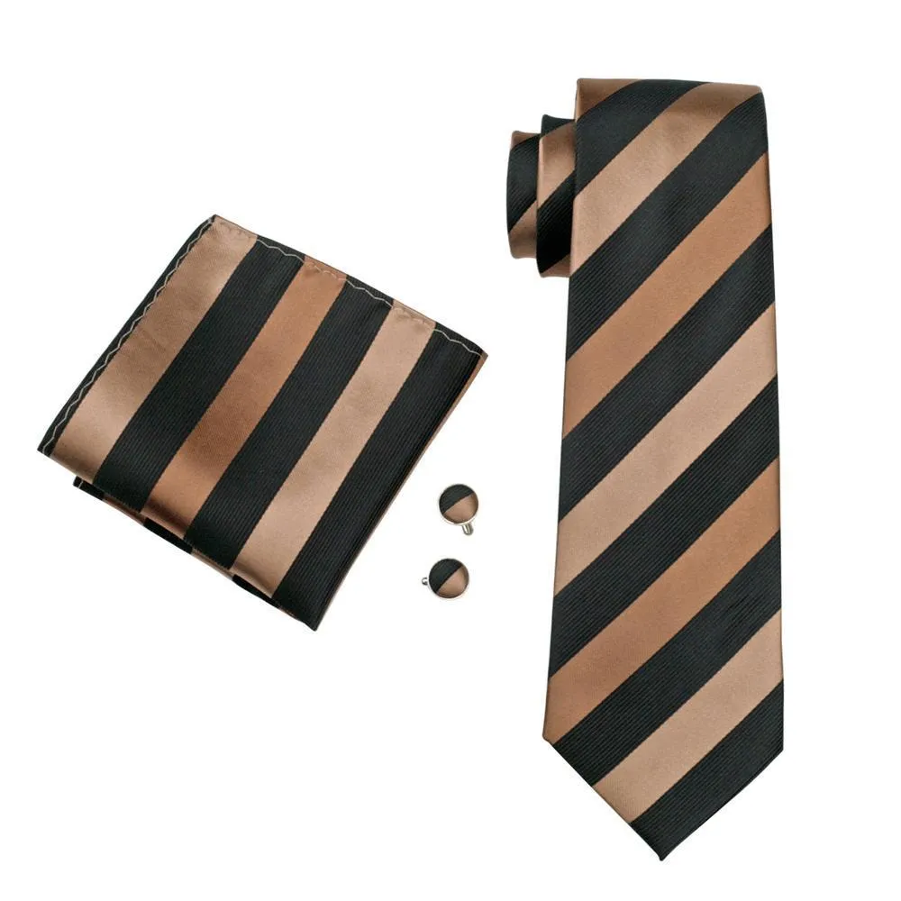 Brown Black Striped Silk Tie Pocket Square Cufflinks Set with Brooch