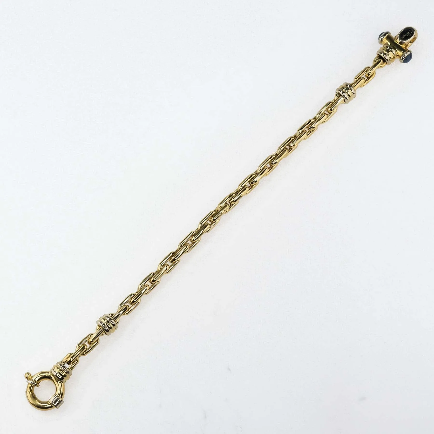 Chunky Elongated Cable Link Bracelet with Sapphire Accents in 18K Yellow Gold