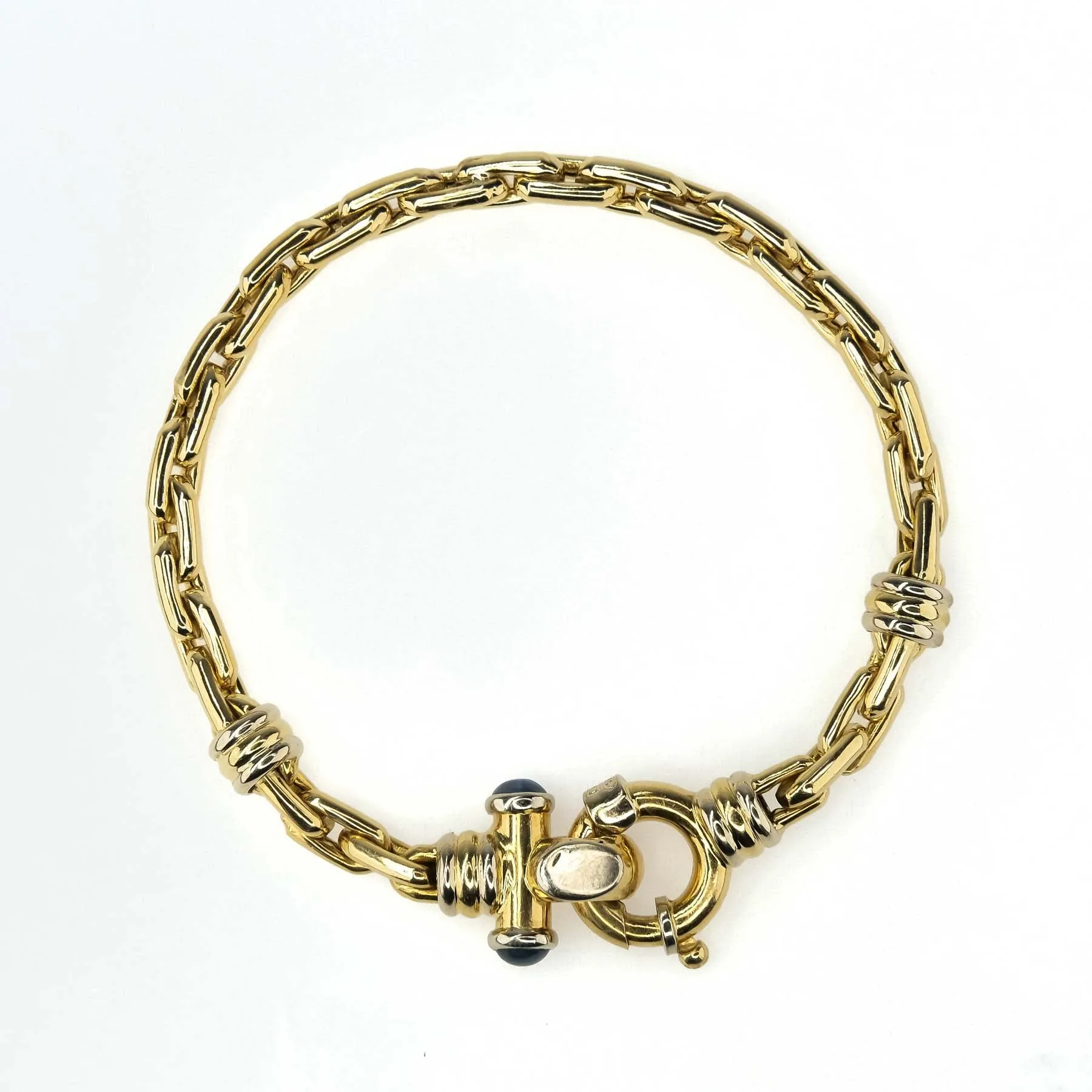 Chunky Elongated Cable Link Bracelet with Sapphire Accents in 18K Yellow Gold