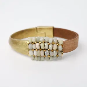 Coated Pale Green Moonstone Leather and Half Brass Cuff Bracelet