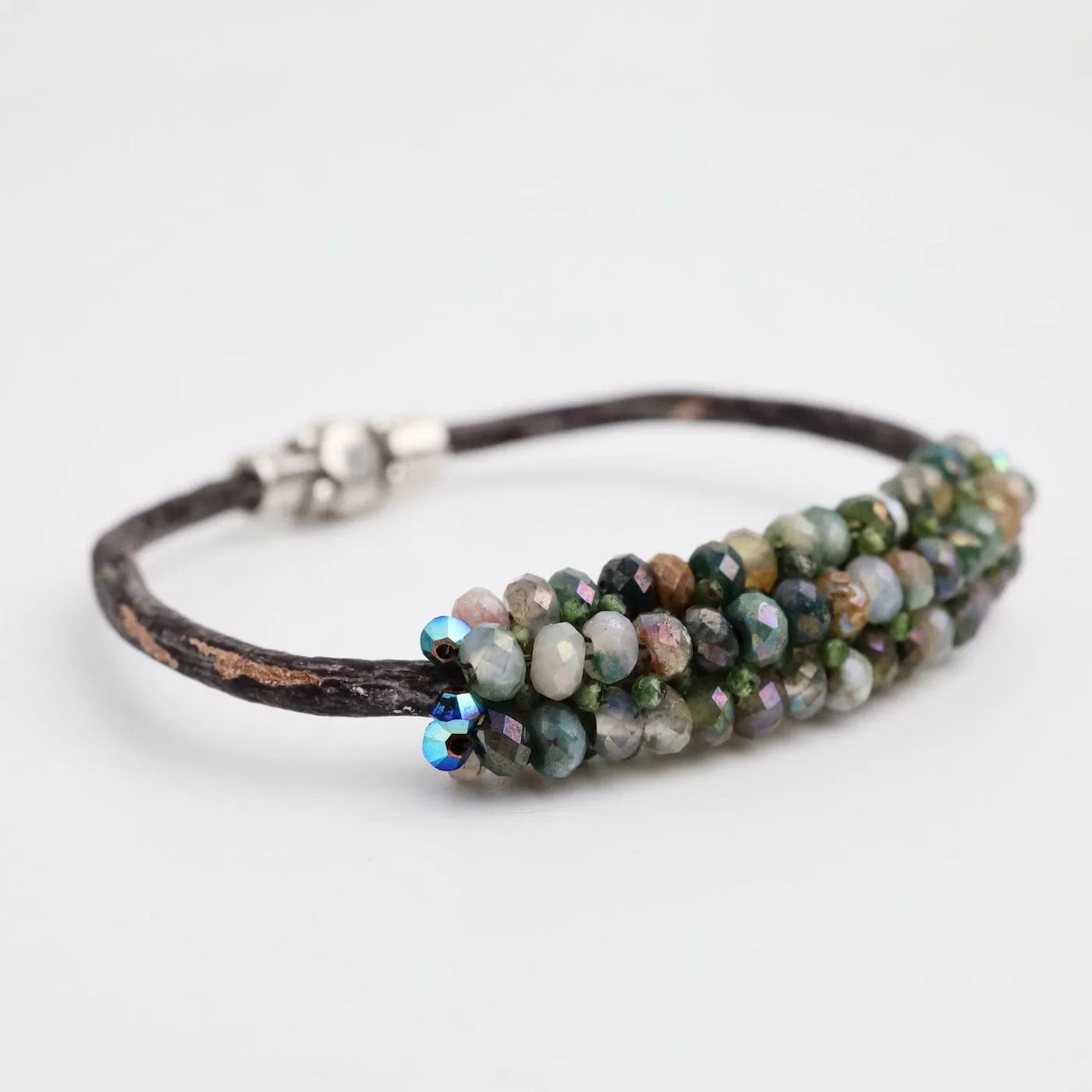 Coated Quartz & Green Topaz Leather Bracelet