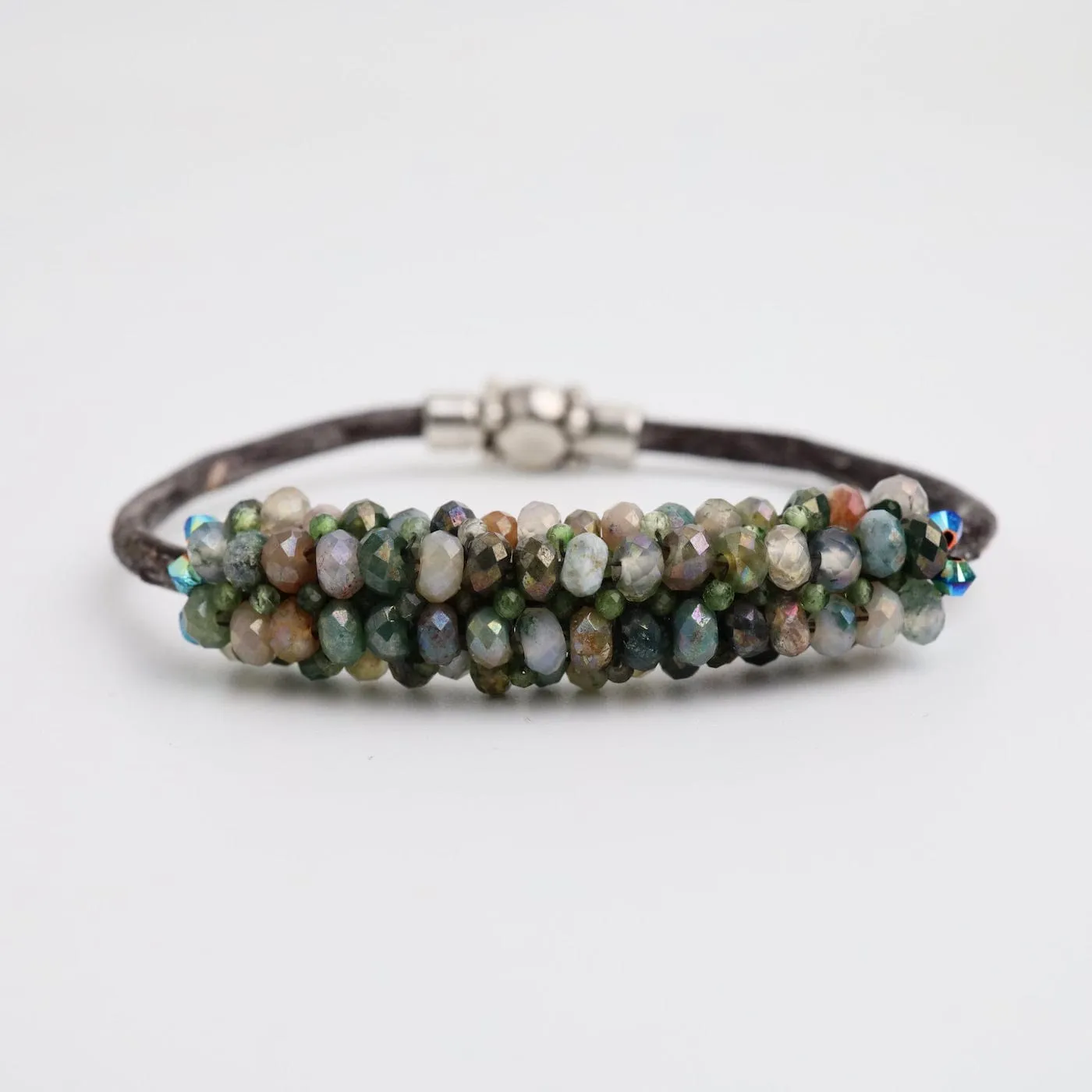 Coated Quartz & Green Topaz Leather Bracelet