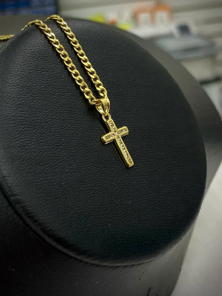 Cross Pendant Necklace CZ Small 14K Gold Filled Curb Chain Unisex Kids Adults 17x10mm