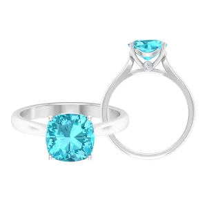 Cushion Cut Swiss Blue Topaz Solitaire Engagement Ring with Surprise Diamond