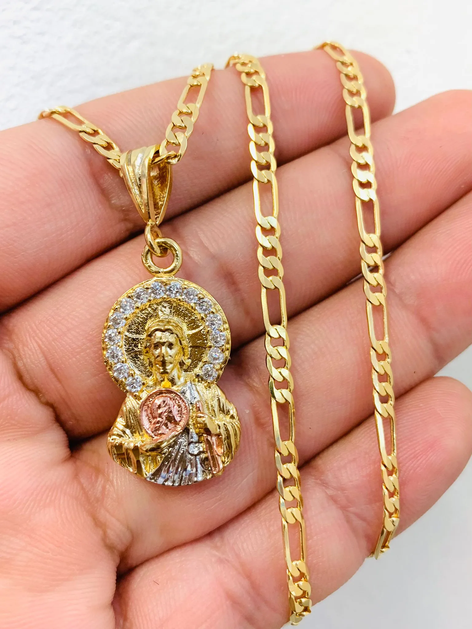 CZ Tri Color San Judas Necklace Pendan Figaro Link Chain 22" For Womens / Cadena Dije San Judas