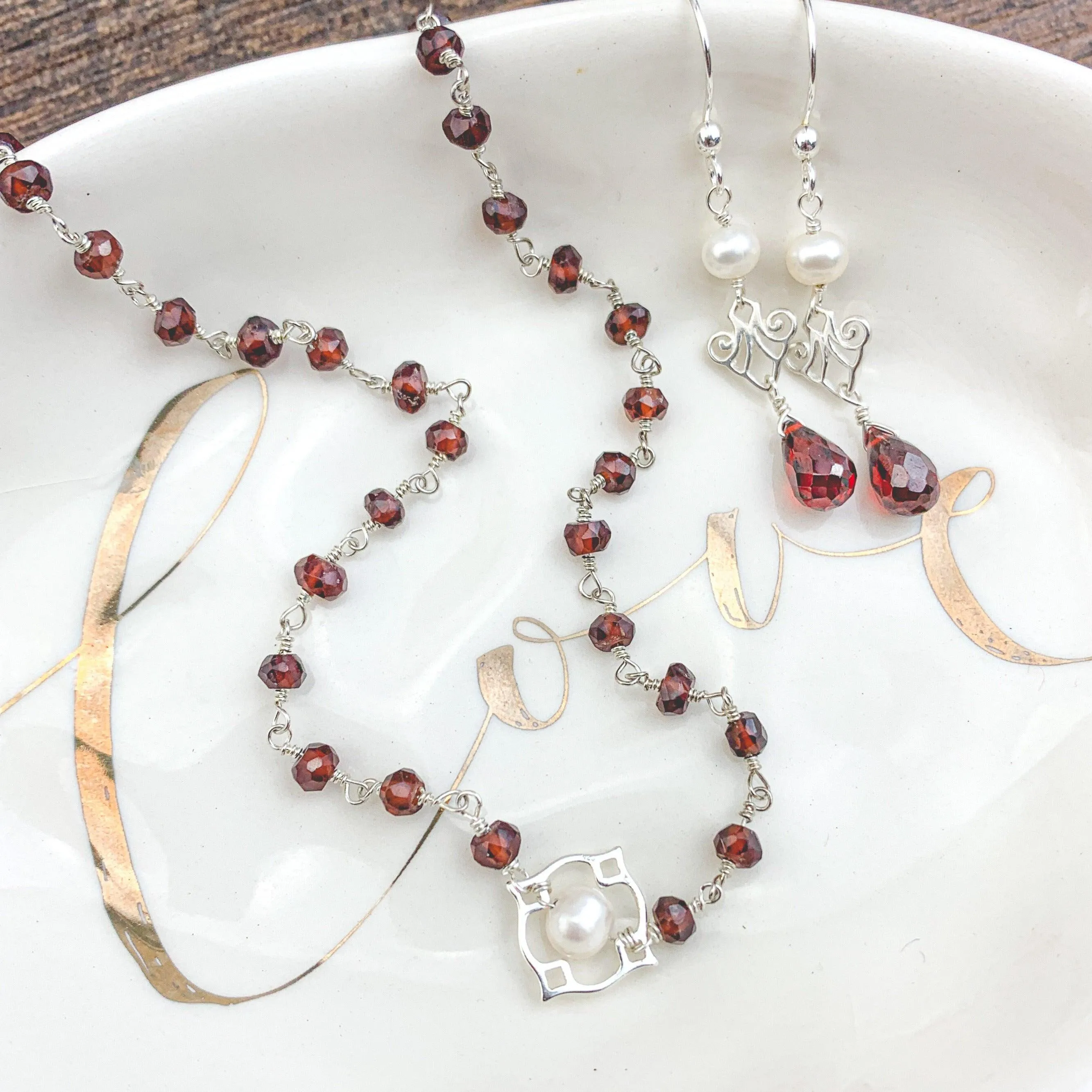 Delicate Garnet and Pearl Filigree Layering Necklace and Earrings