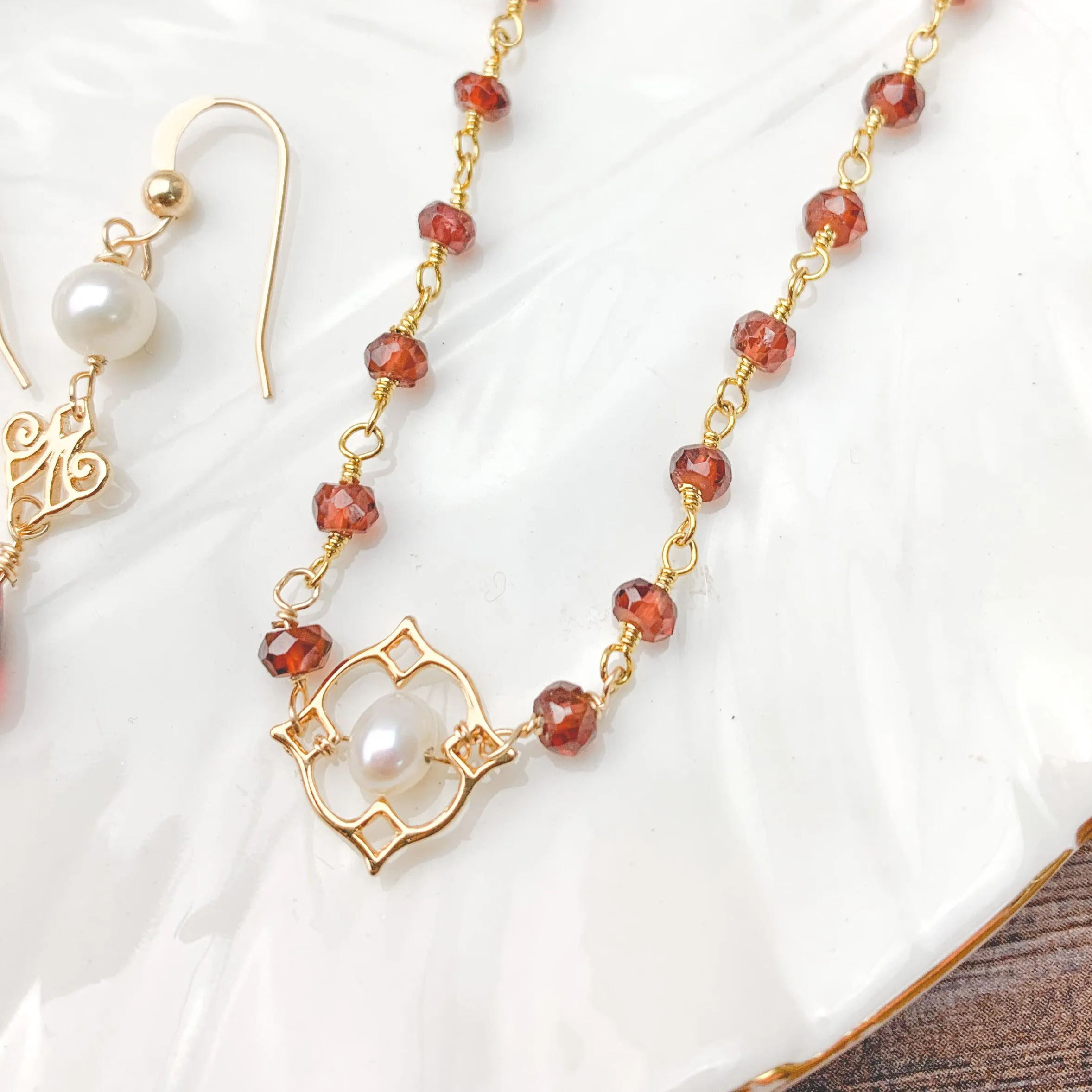 Delicate Garnet and Pearl Filigree Layering Necklace and Earrings