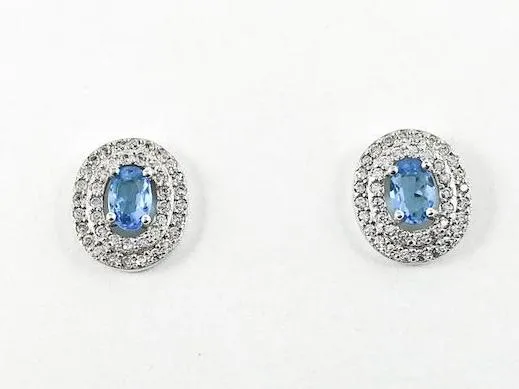 Elegant Oval Shape Layered Design Aquamarine Center CZ Stud Earrings