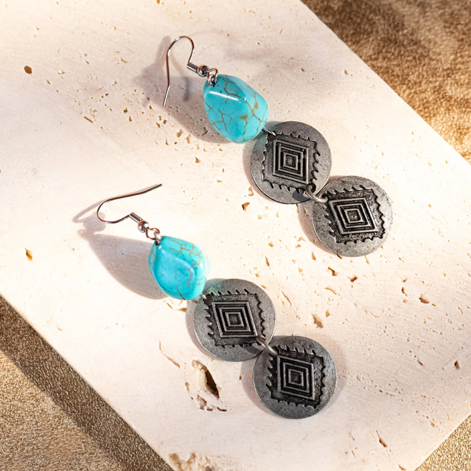 ER-1016 Rustic Couture's Navajo Silver/Bronze Concho with Natural Stone Dangle Earrings - By Dozen