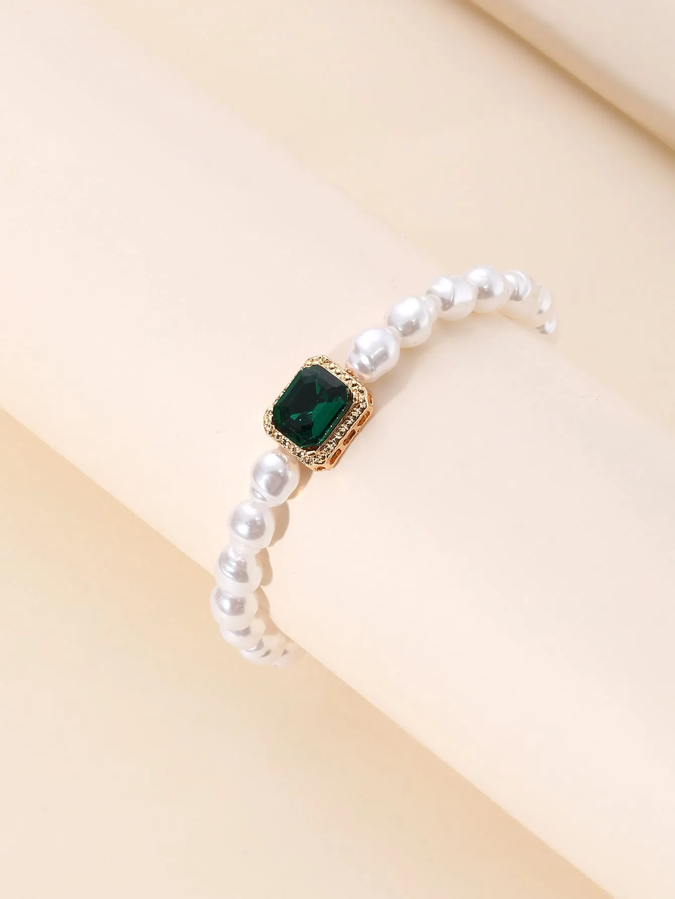 Faux Pearl Green Rhinestone Beaded Bracelet Women Bracelet Stackable Bracelet