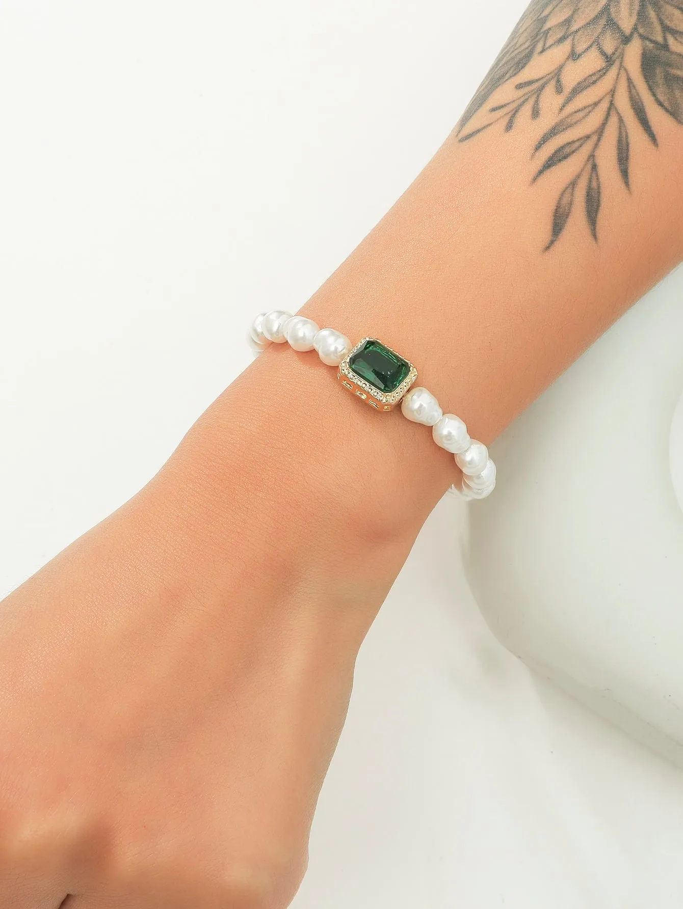 Faux Pearl Green Rhinestone Beaded Bracelet Women Bracelet Stackable Bracelet