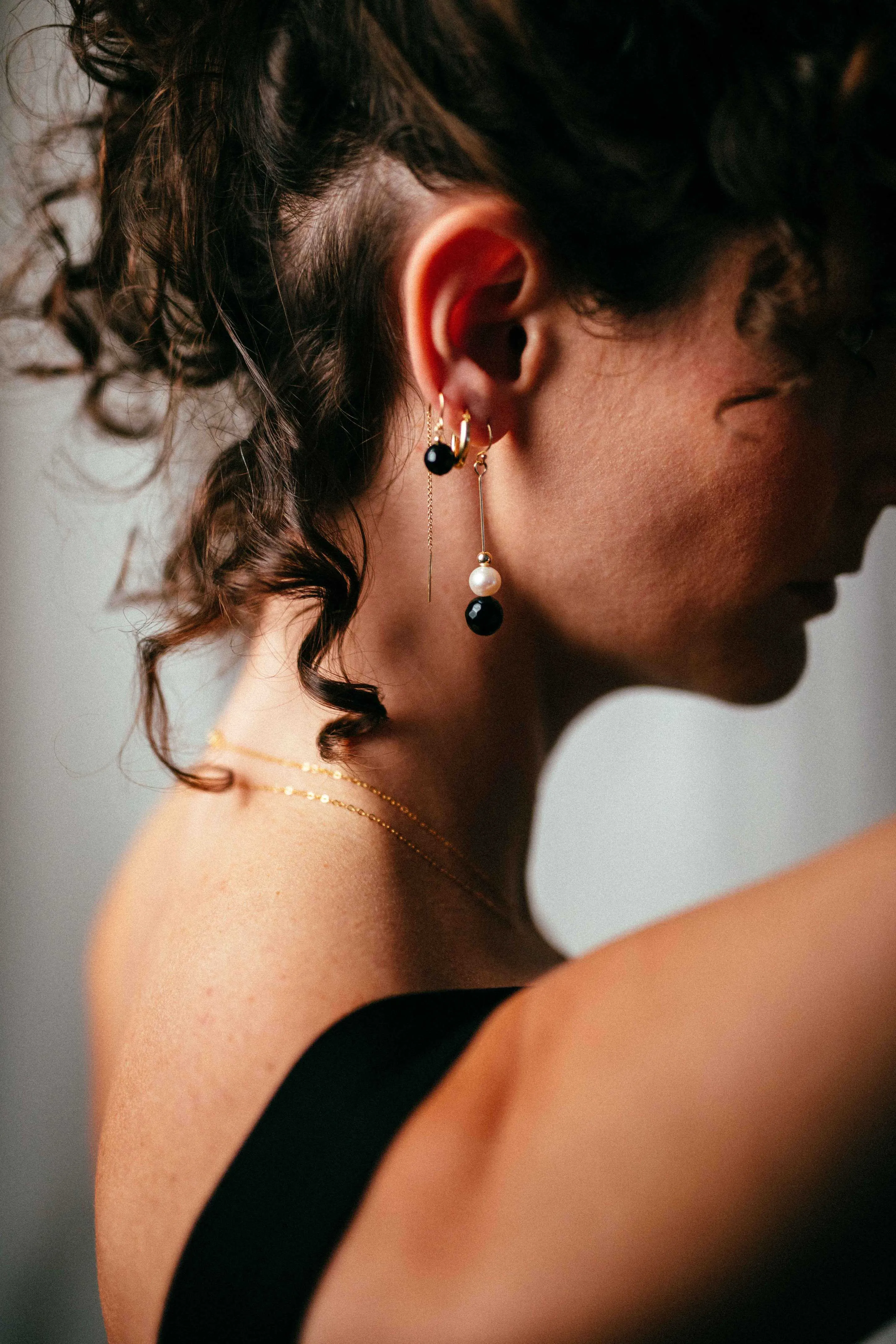 Gold Filled Black Agate Half Threader Earrings