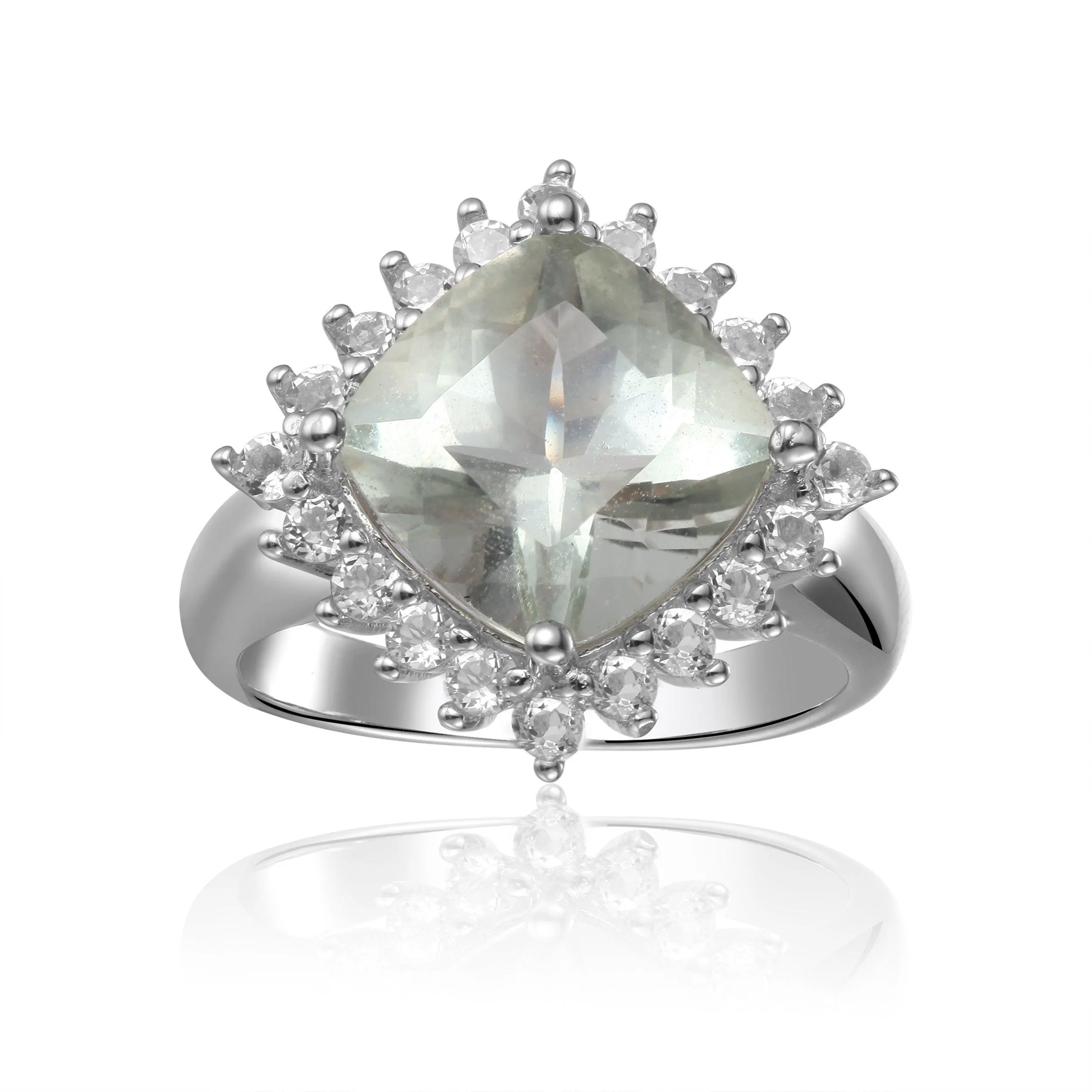 Green Amethyst Cushion Halo Ring