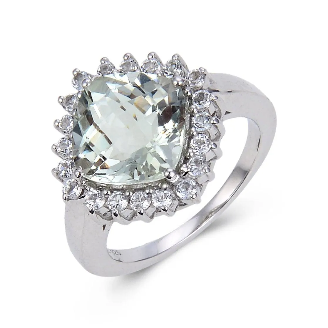 Green Amethyst Cushion Halo Ring