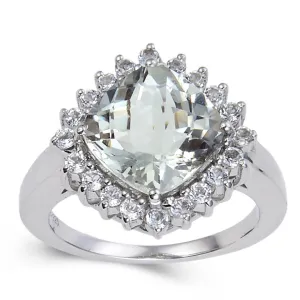 Green Amethyst Cushion Halo Ring