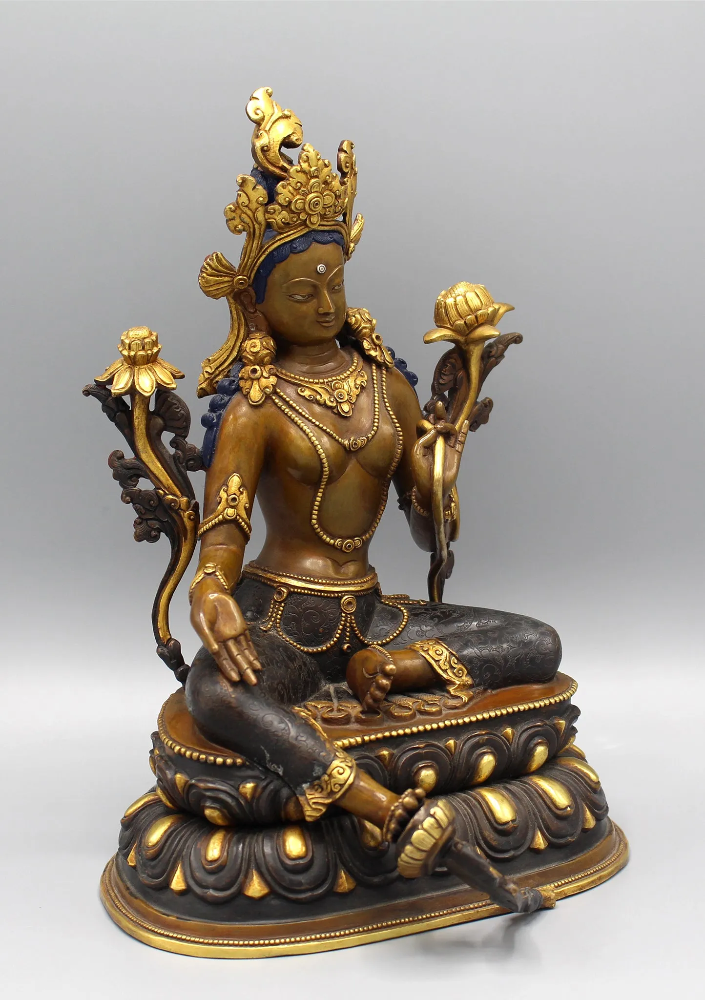 Green Tara Partly Gold Plated Statue