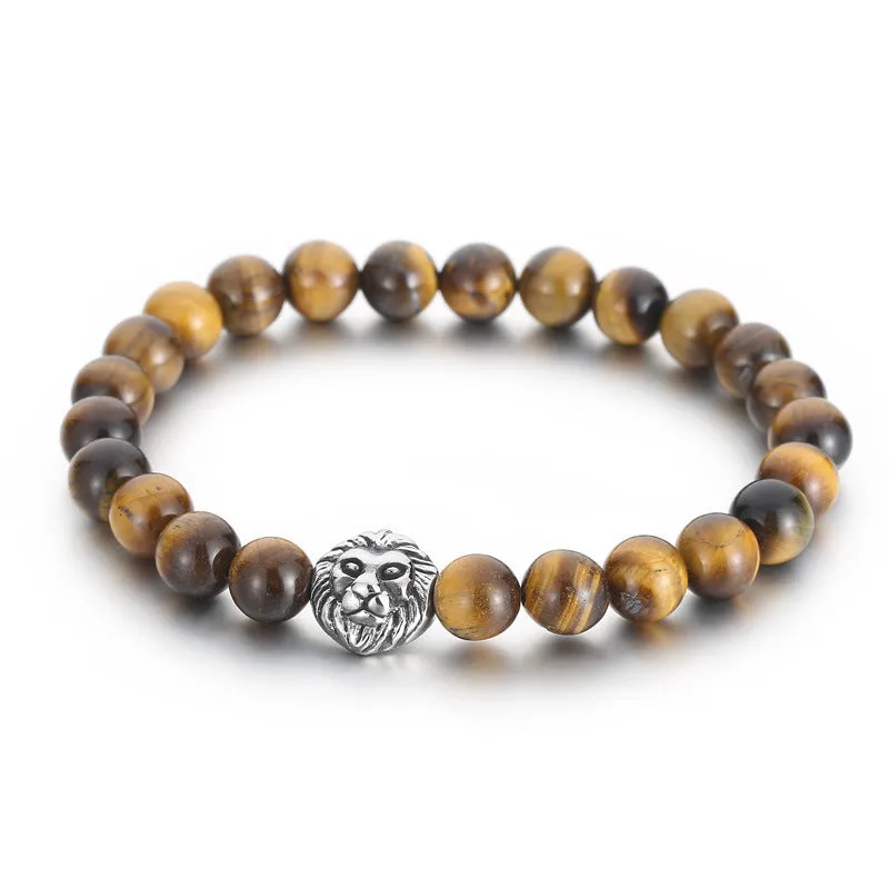 Handcrafted Turquoise and Volcanic Stone Beaded Bracelet with Tiger's Eye and Lion Head Accents for Men