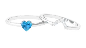 Heart Shape Swiss Blue Topaz Ring Set with Diamond