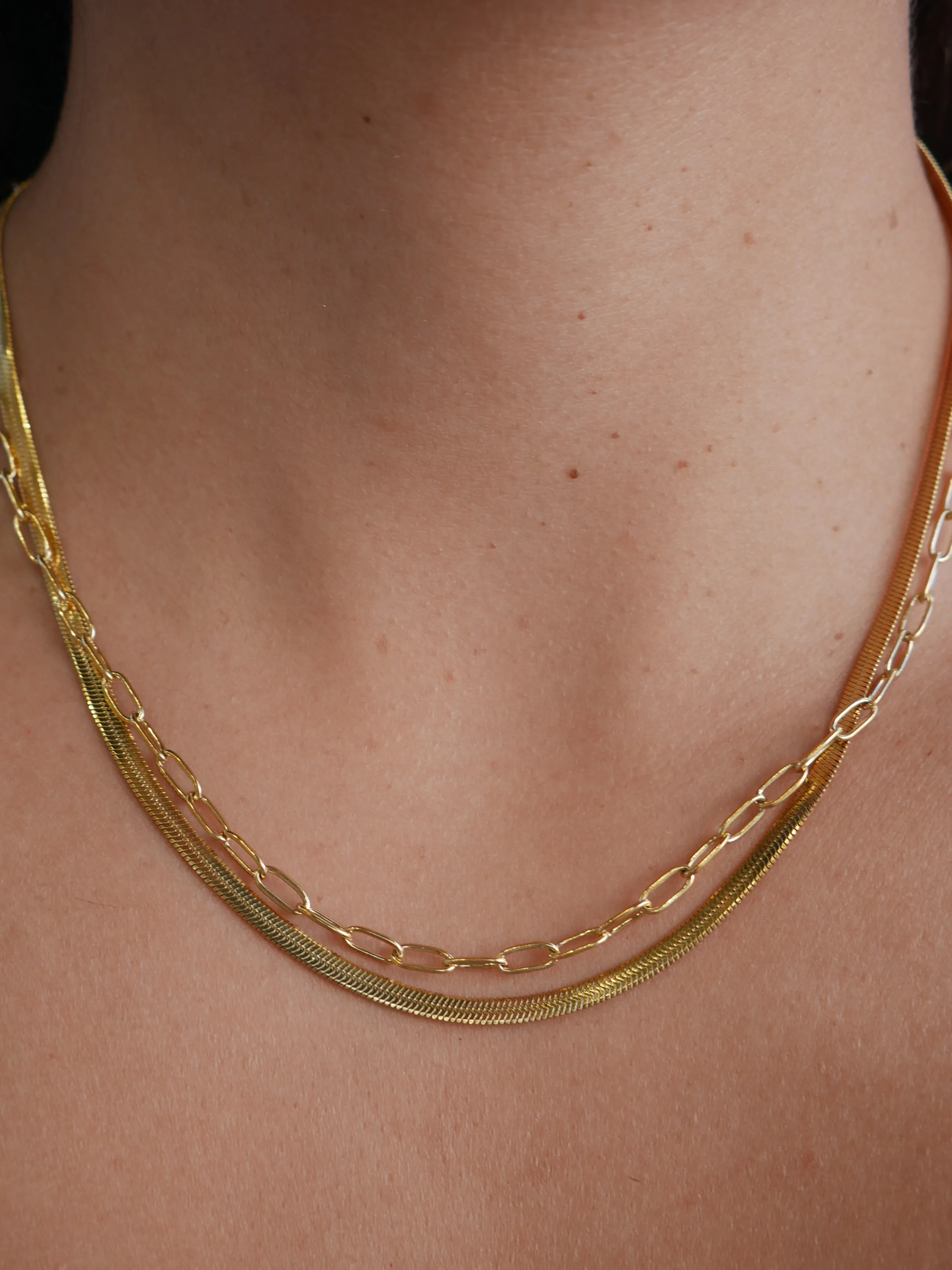 Herringbone Paperclip Layered Necklace, 18k Gold Plated Stainless Steel, Waterproof 2 in 1 Layered Necklace