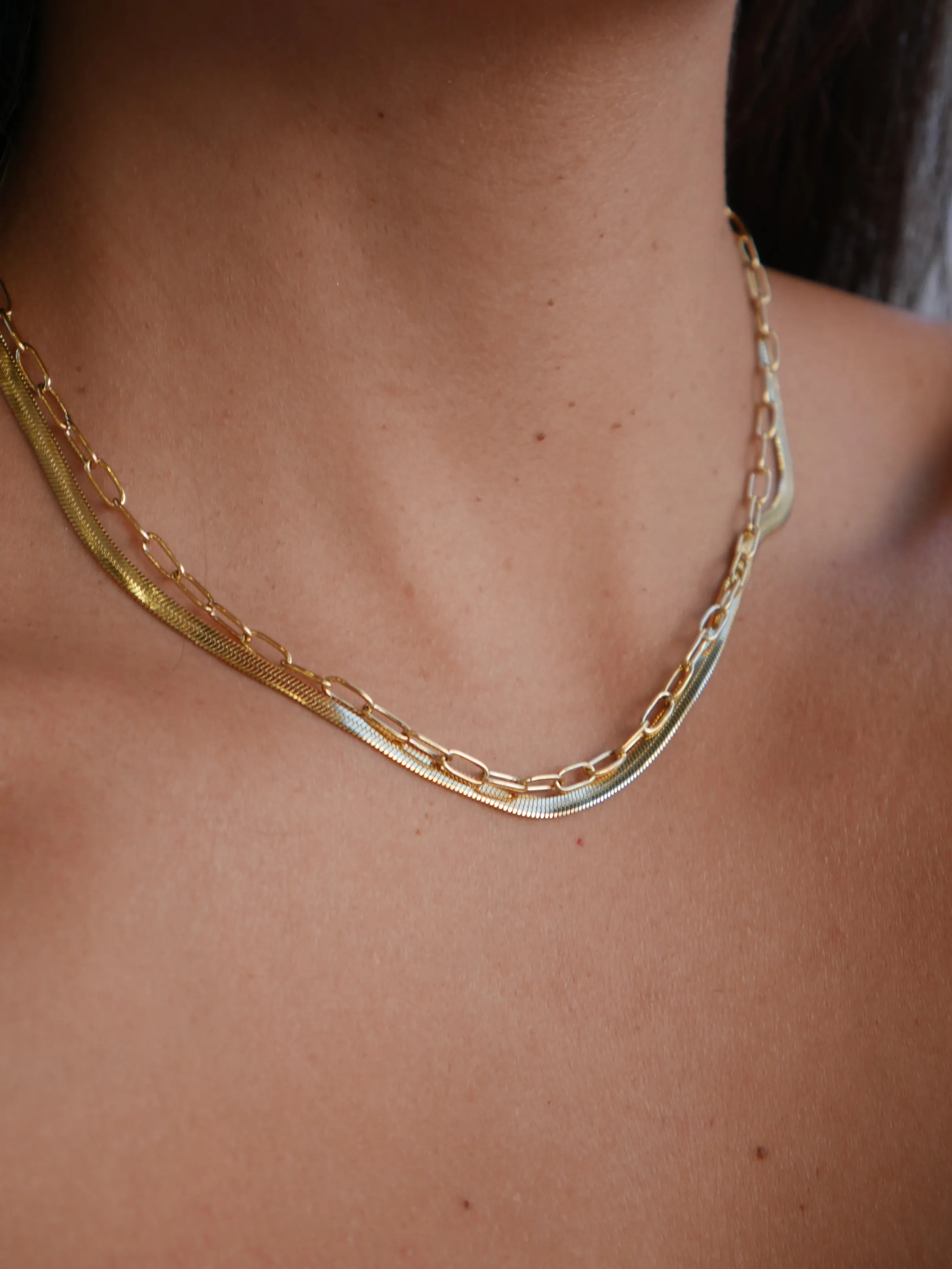 Herringbone Paperclip Layered Necklace, 18k Gold Plated Stainless Steel, Waterproof 2 in 1 Layered Necklace