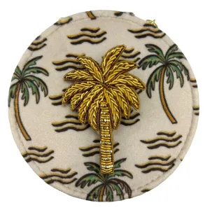 Jewellery travel pot in sand palm print with palm tree brooch