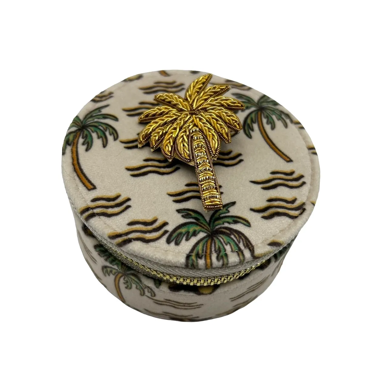 Jewellery travel pot in sand palm print with palm tree brooch