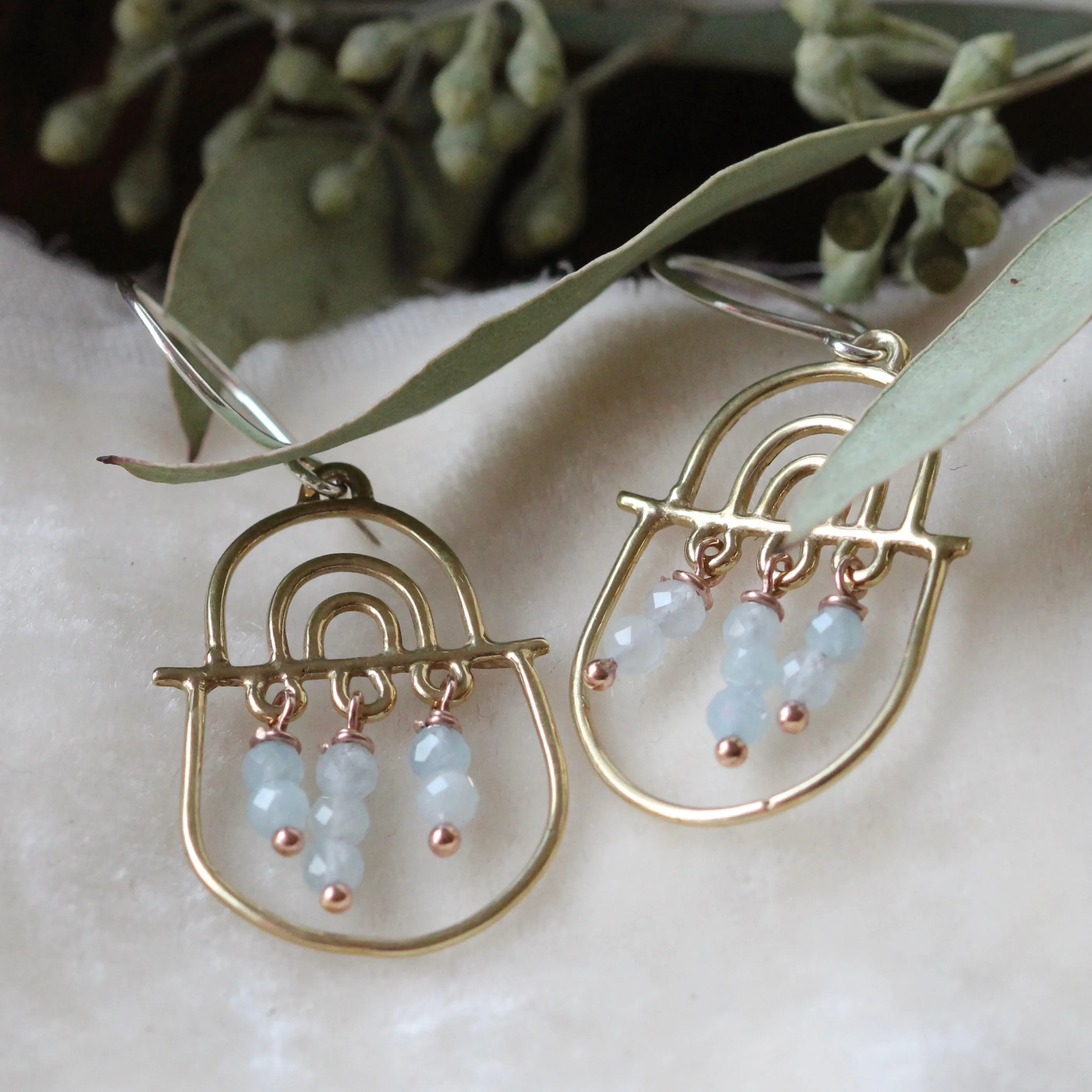 Joyful days Bronze, Sterling silver, and Aquamarine earrings.