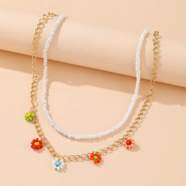 Korean Fashion Colorful Little Daisy Flower Beaded Necklace For Women Bohemian Beads Clavicle Chain Choker Necklace Jewelry