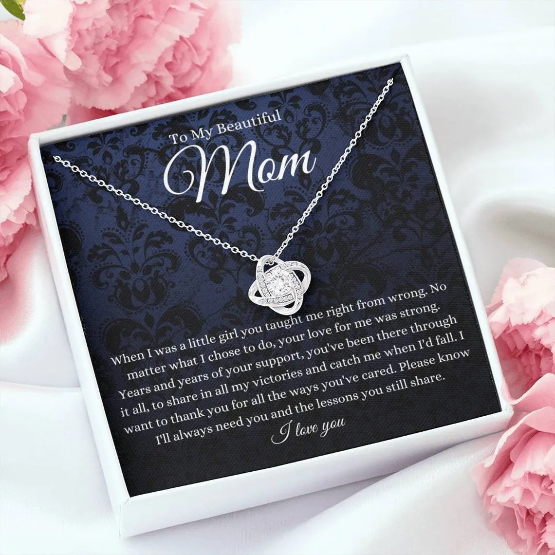 Love Knot, To Mom From Daughter Message Card Necklace, Mom Birthday Jewelry To Mom From Daughter Gifts, Mom Mother's Day Gifts From Daughter