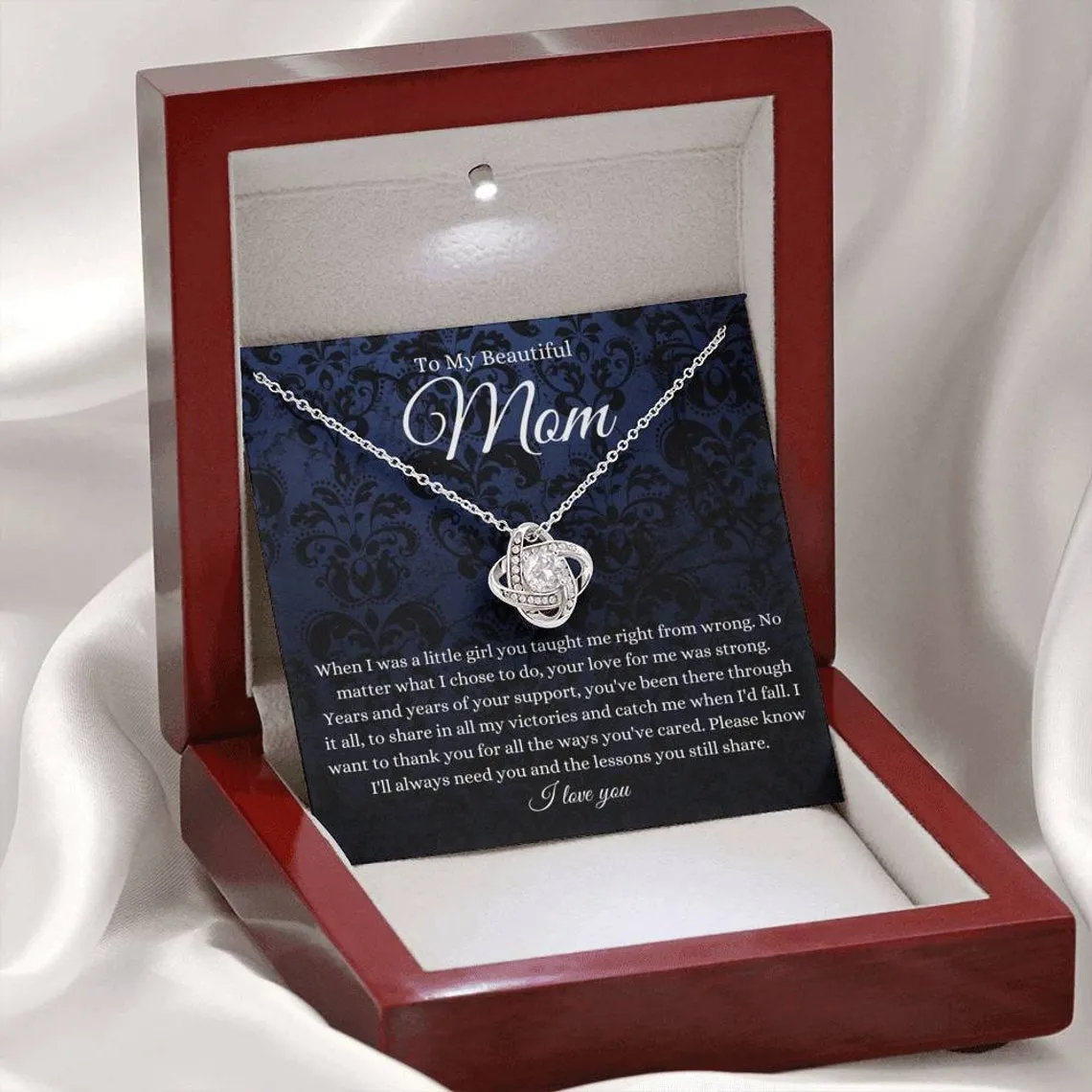 Love Knot, To Mom From Daughter Message Card Necklace, Mom Birthday Jewelry To Mom From Daughter Gifts, Mom Mother's Day Gifts From Daughter