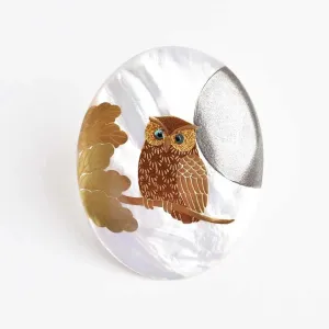 Maki-e Urushi Lacquer Brooch - White South Sea Pearl Shell / Owl -, Traditional Japanese Urushi Lacquer Jewelry