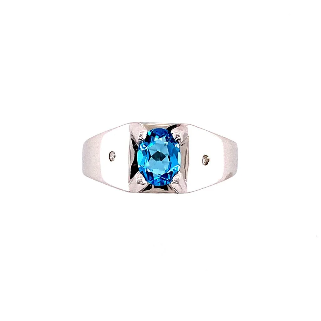 Men's Blue Topaz and Diamond 14kt White Gold Ring.