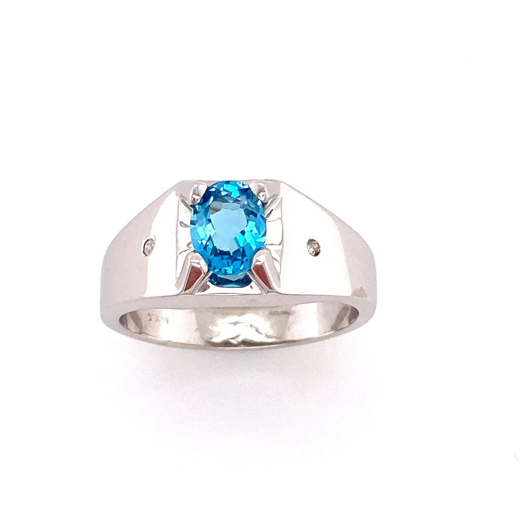 Men's Blue Topaz and Diamond 14kt White Gold Ring.