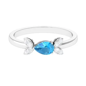 Minimal Swiss Blue Topaz Leaf Promise Ring with Diamond