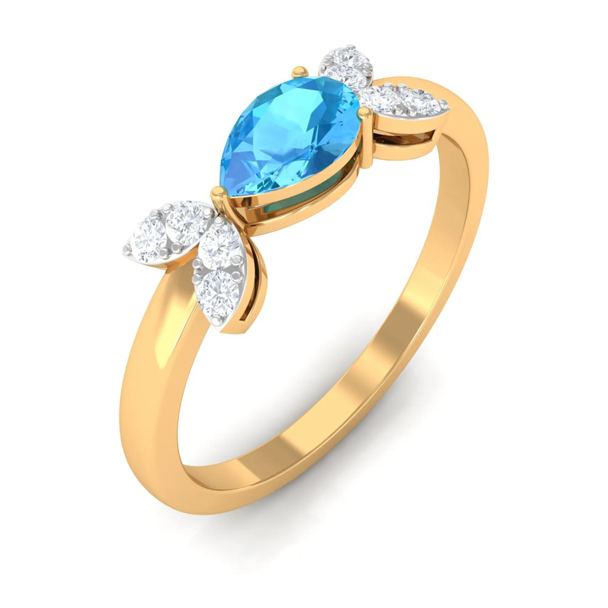 Minimal Swiss Blue Topaz Leaf Promise Ring with Diamond