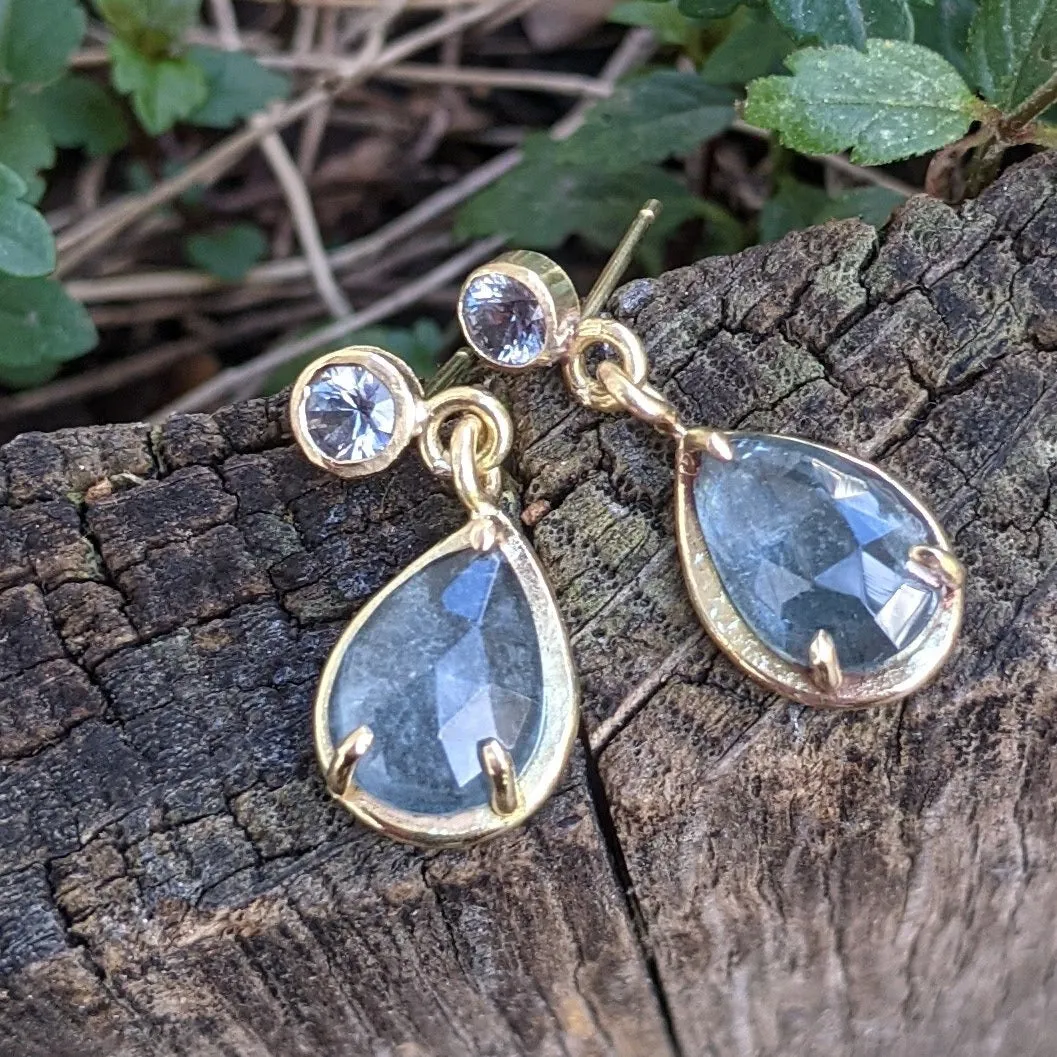 Moss Aquamarine Pear Shape with Grey Spinel in 18kt Gold Earrings