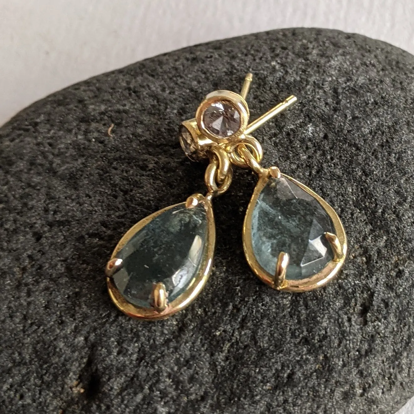 Moss Aquamarine Pear Shape with Grey Spinel in 18kt Gold Earrings