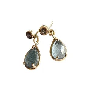 Moss Aquamarine Pear Shape with Grey Spinel in 18kt Gold Earrings