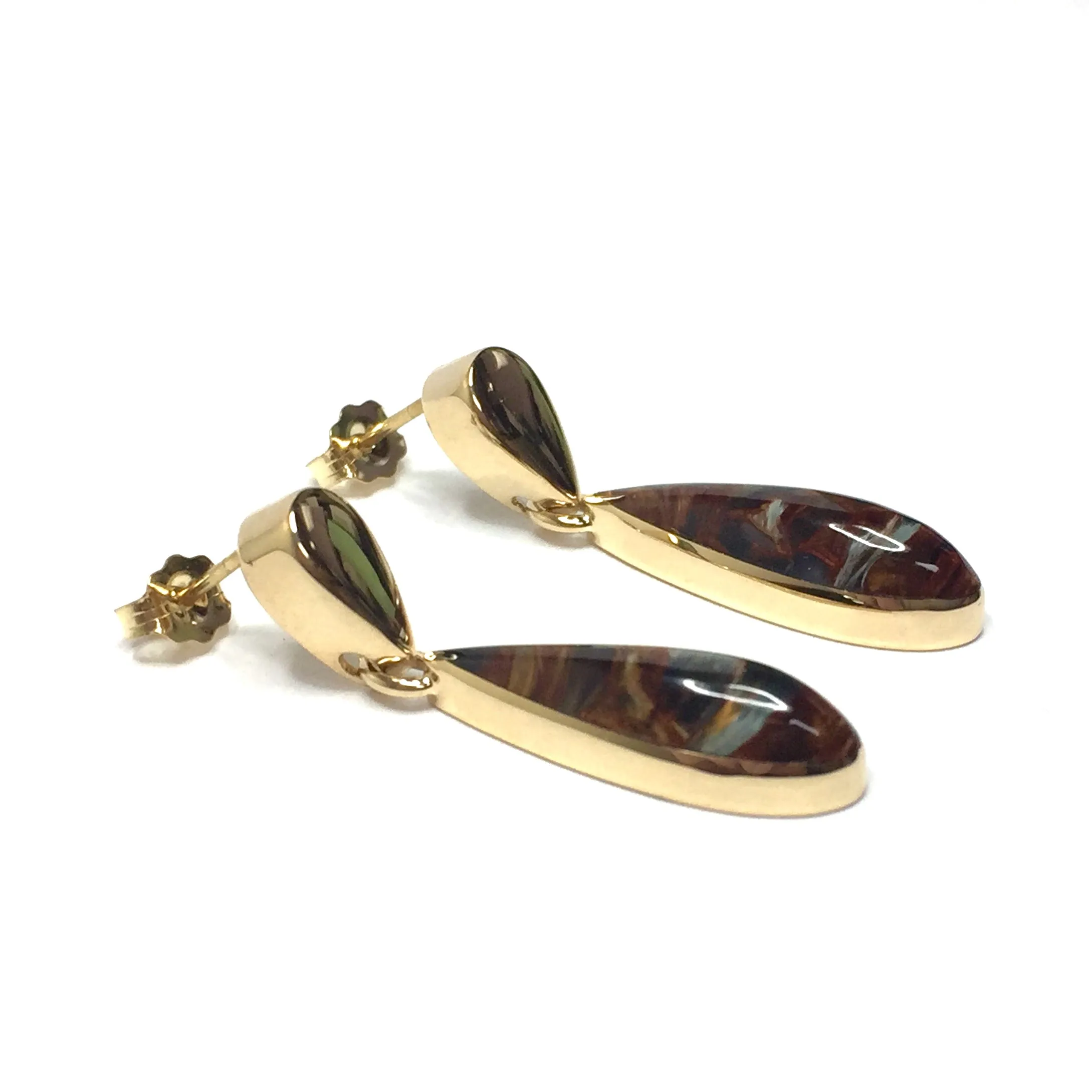 Natural pietersite inlaid tear drop design earrings