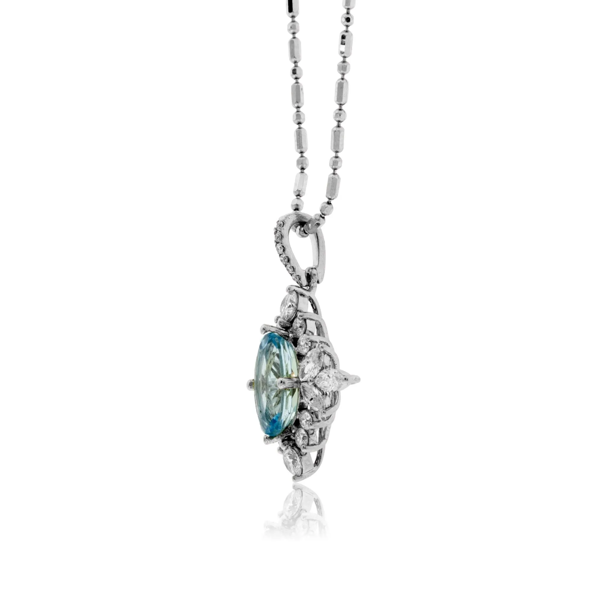 Oval Aquamarine & Sunburst Diamond Halo Pendant