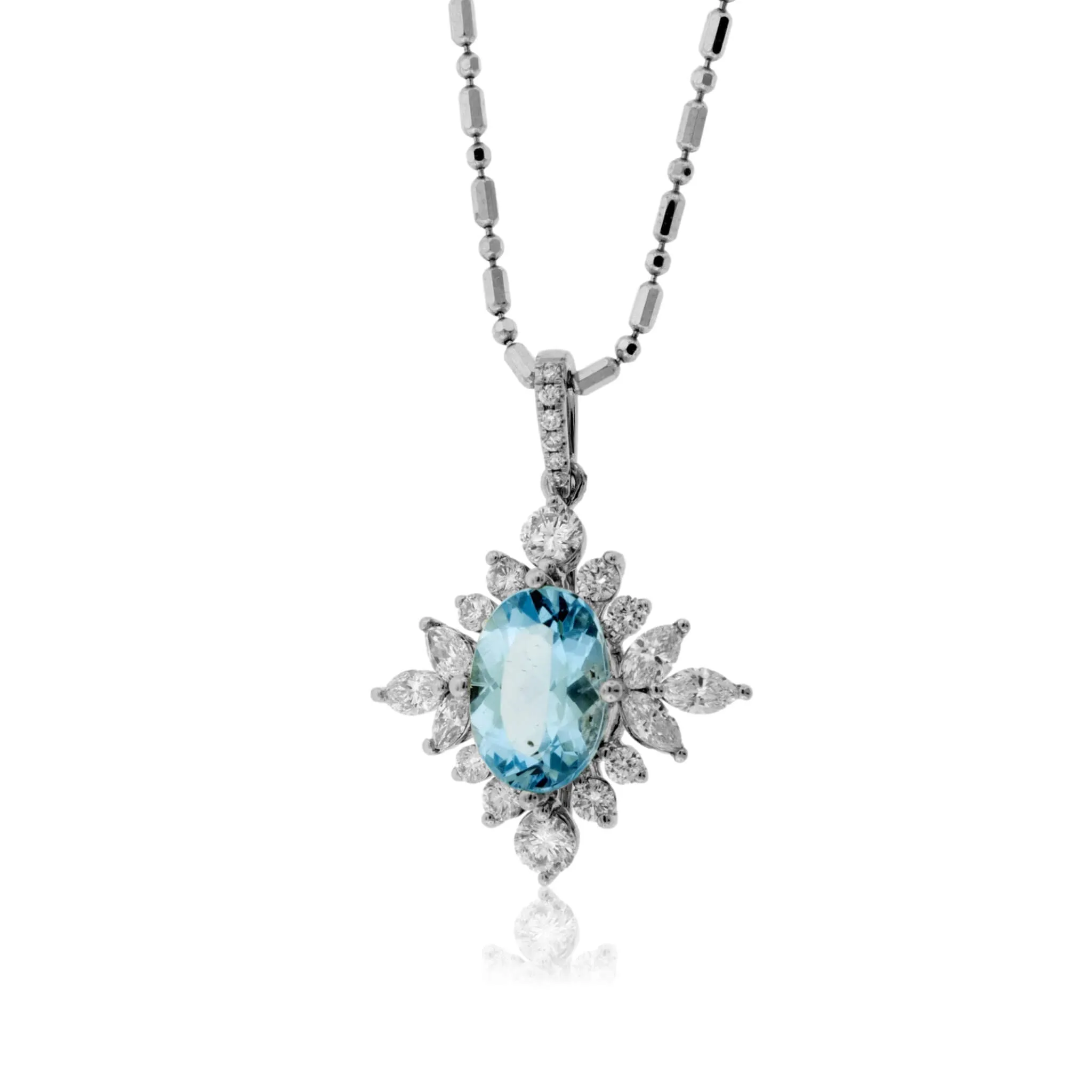 Oval Aquamarine & Sunburst Diamond Halo Pendant