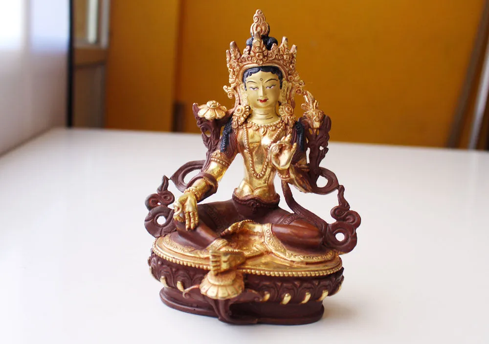 PARTLY GOLD PLATED GREEN TARA STATUE 6" WITH LOTUS