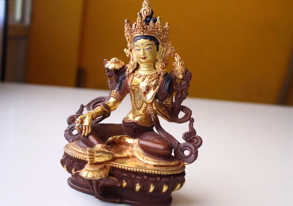 PARTLY GOLD PLATED GREEN TARA STATUE 6" WITH LOTUS