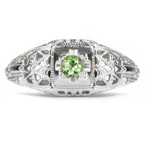 PERIDOT STERLING SILVER VINTAGE STYLE COCKTAIL RING FILIGREE PROMISE GREEN ROUND